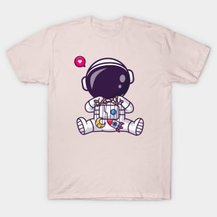 Cute Astronaut Playing With Moon And Rocket Puppet Cartoon T-Shirt